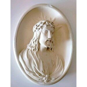 Vintage Oval Jesus Christ Wall Chalkware Plaque 9" x 6" Religious Decor